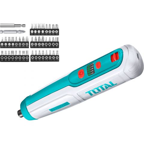Total Mini accuschroevendraaier, 4 V, opladen via USB, met TOTAL bitset Total Mini accuschroevendraaier, 4 V, opladen via USB, met TOTAL bitset
