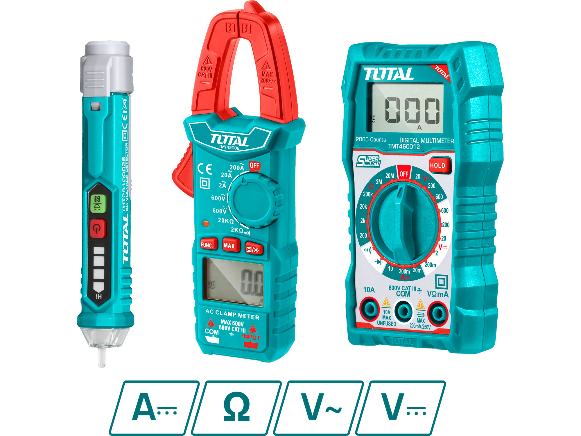 Set bestaande uit digitale multimeter, stroomtang multimeter en AC spanningstester, Total Set bestaande uit digitale multimeter, stroomtang multimeter en AC spanningstester, Total